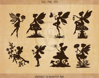 Silueta de hada en formato SVG, arte de hadas, hada en formato SVG, paquete de archivos SVG de hadas, ilustración de hadas, imágenes prediseñadas de hadas, hada en formato PNG, primavera en formato SVG, seta de hada