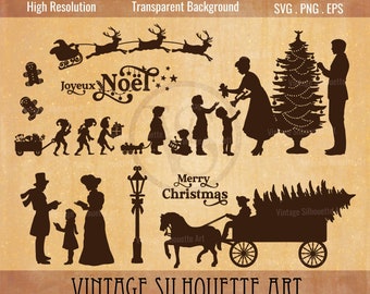 May include: A set of vintage Christmas silhouette illustrations in black. The illustrations include a family decorating a Christmas tree, a horse-drawn carriage carrying a Christmas tree, a gingerbread man, reindeer flying with Santa, and a family walking with gifts. The text "Joyeux Noel" and "Merry Christmas" are included in the design.