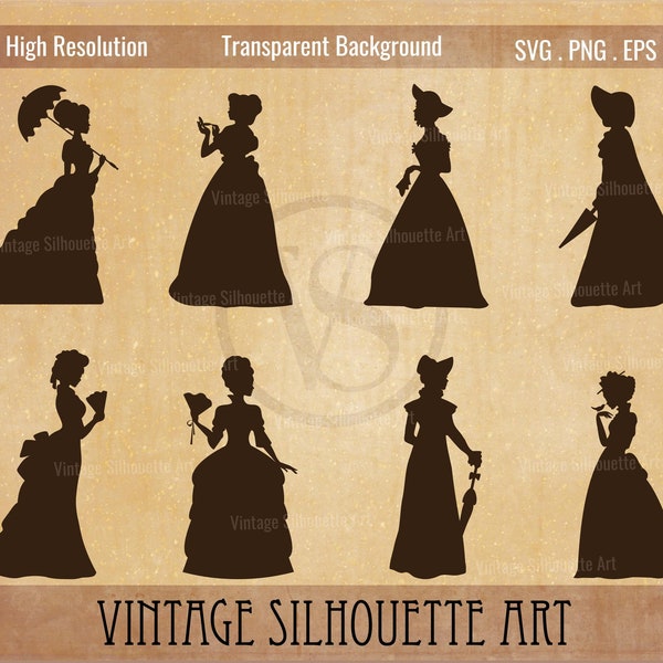 Victorian woman silhouette clipart, Victorian woman with umbrella, Vintage Woman svg, vintage woman aesthetic, Vintage woman clipart,