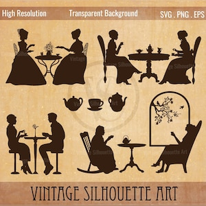 Puede incluir: Un conjunto de arte de silueta vintage con mujeres y hombres en varias poses, incluyendo sentados en mesas, meciéndose en sillas y disfrutando del té. Las siluetas son de color negro sobre un fondo marrón claro.