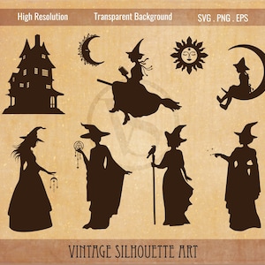 Bruxa Svg, Halloween Svg, Bruxa Svg, Magia Svg, Bruxa Clipart, Bruxa Lua Svg, Mansão Assombrada Svg, Bruxa com Corvo Svg, Silhueta de Bruxa