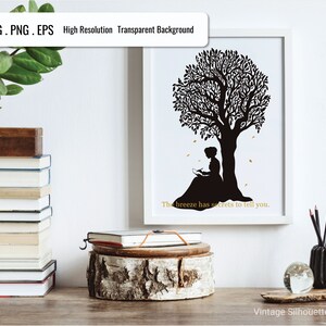 Bundle of woman silhouette pictures reading a book. A collection of different woman silhouette pictures reading a book, sitting at desk, under a tree, at the window.