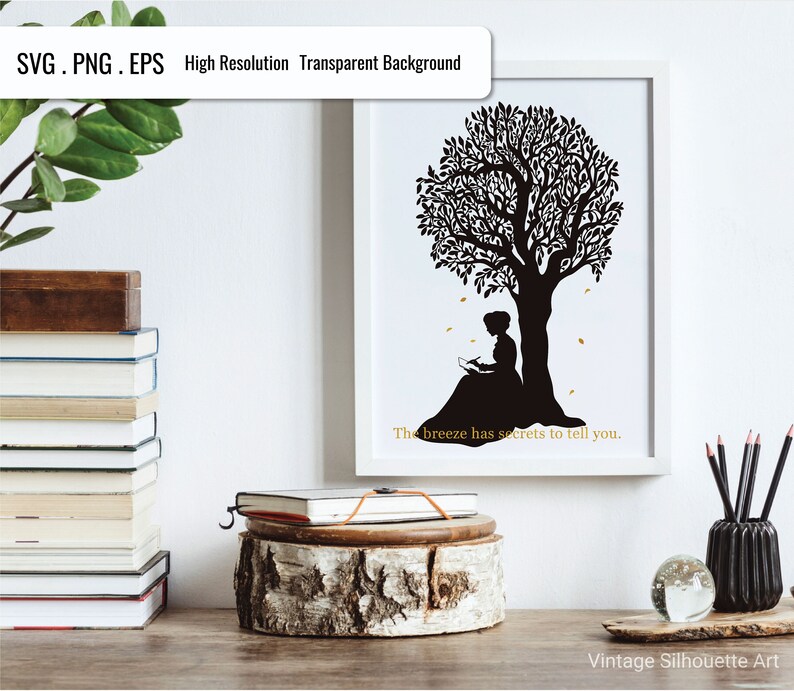 Bundle of woman silhouette pictures reading a book. A collection of different woman silhouette pictures reading a book, sitting at desk, under a tree, at the window.