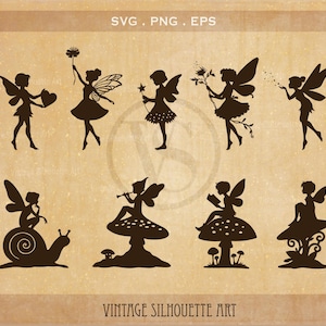 Pode incluir: Uma coleção de silhuetas de fadas castanhas em várias poses, segurando objetos como corações, flores e estrelas. Algumas fadas estão pousadas em cogumelos ou um caracol. A imagem inclui o texto "SVG. PNG. EPS" e "VINTAGE SILHOUETTE ART".