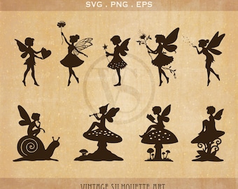 Silueta de hada en formato SVG, arte de hadas, hada en formato SVG, paquete de archivos SVG de hadas, ilustración de hadas, imágenes prediseñadas de hadas, hada en formato PNG, primavera en formato SVG, seta de hada