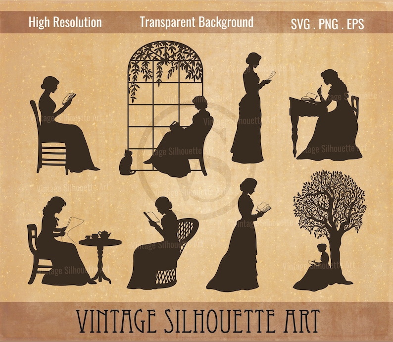 Bundle of woman silhouette pictures reading a book. A collection of different woman silhouette pictures reading a book, sitting at desk, under a tree, at the window.