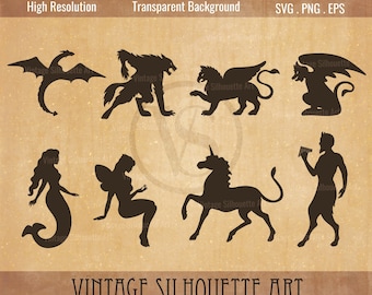 Mythical Creatures SVG, Unicorn, Mermaid, Dragon Silhouettes (SVG, PNG)
