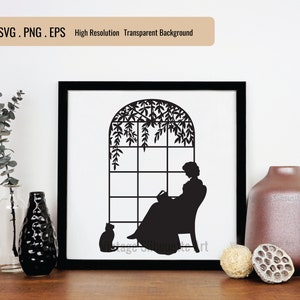 Bundle of woman silhouette pictures reading a book. A collection of different woman silhouette pictures reading a book, sitting at desk, under a tree, at the window.
