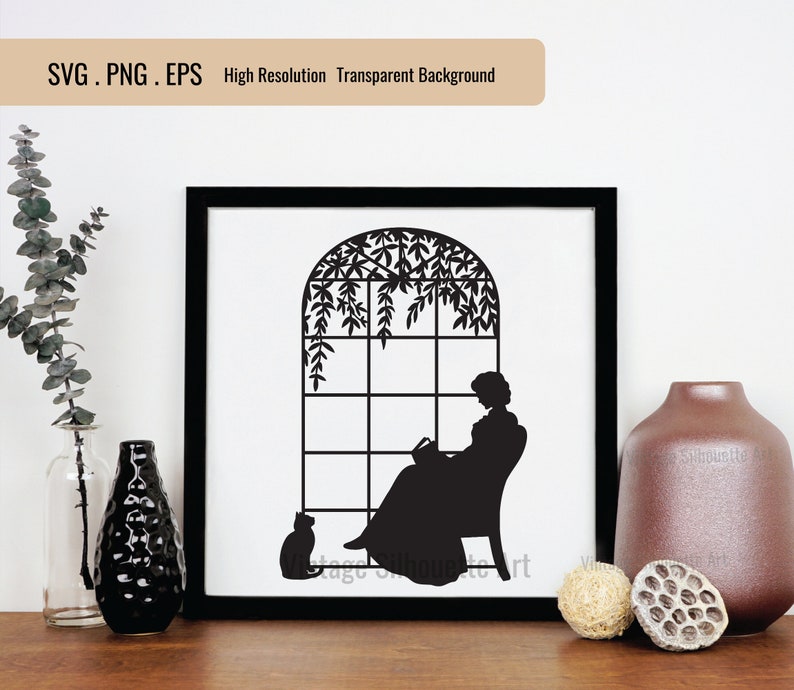 Bundle of woman silhouette pictures reading a book. A collection of different woman silhouette pictures reading a book, sitting at desk, under a tree, at the window.