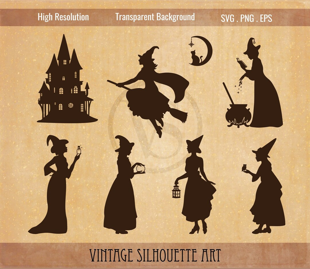 Witch Flying on a Broom Silhouette Simple Clip Art, Witch With Cauldron ...