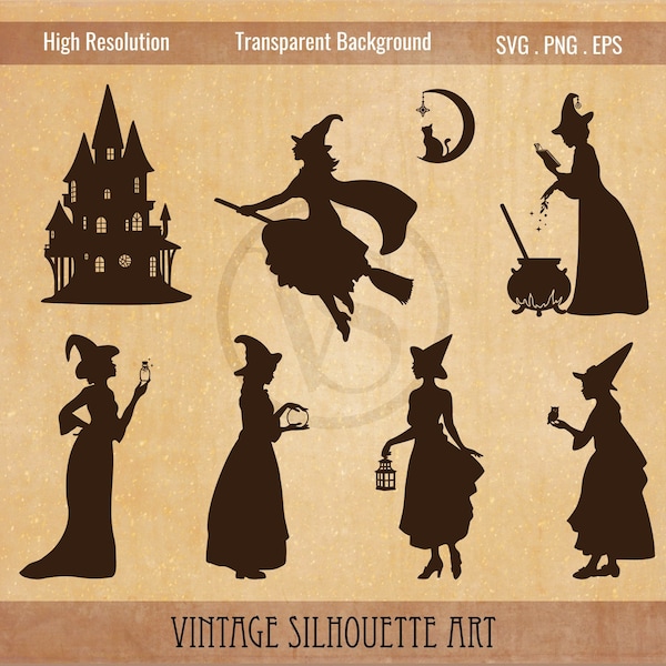 Witch flying on a broom silhouette simple clip art, Witch with cauldron silhouette clipart ,Witch svg, Witch house svg, Good witch clipart,