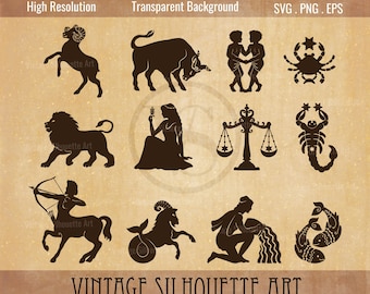 May include: A set of twelve black and white vintage silhouette illustrations of the zodiac signs. The signs are arranged in three rows of four. The signs are Aries, Taurus, Gemini, Cancer, Leo, Virgo, Libra, Scorpio, Sagittarius, Capricorn, Aquarius, and Pisces.