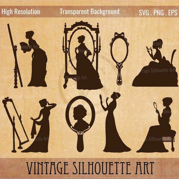 Victorian woman silhouette, Vintage woman with mirror, Victorian mirror silhouette, Mirror vintage png, Mirror Frame