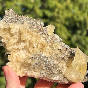 Anhui Yellow Calcite Crystals on Dogtooth Calcite with Chalcopyrite from China