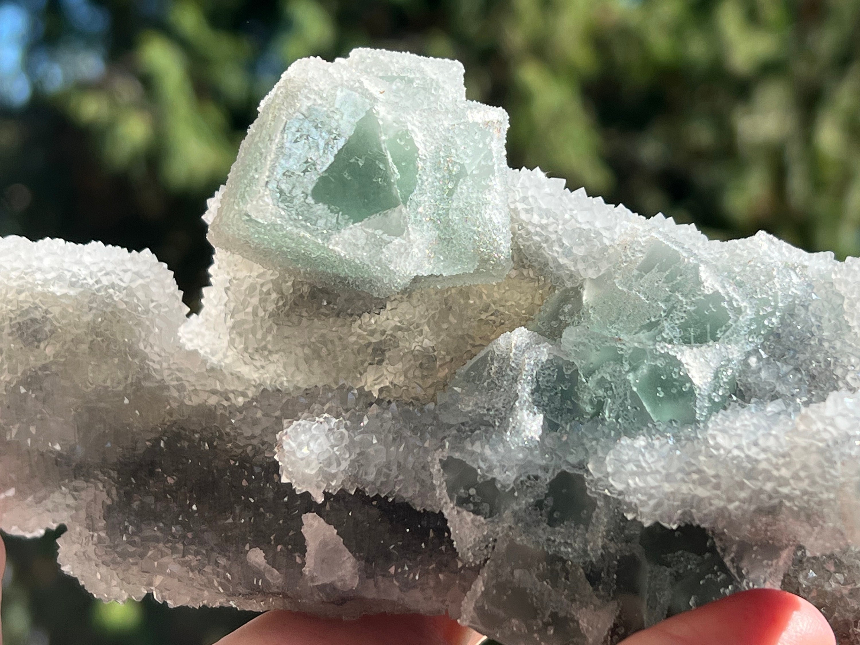 グリーンフローライトキューブ大 ドゥルージークォーツ入りの大きなグリーン「シュガー」フローライト