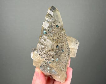 Large Dogtooth Calcite Crystal with Pyrite Inclusions and Malachite -- from Hunan, China