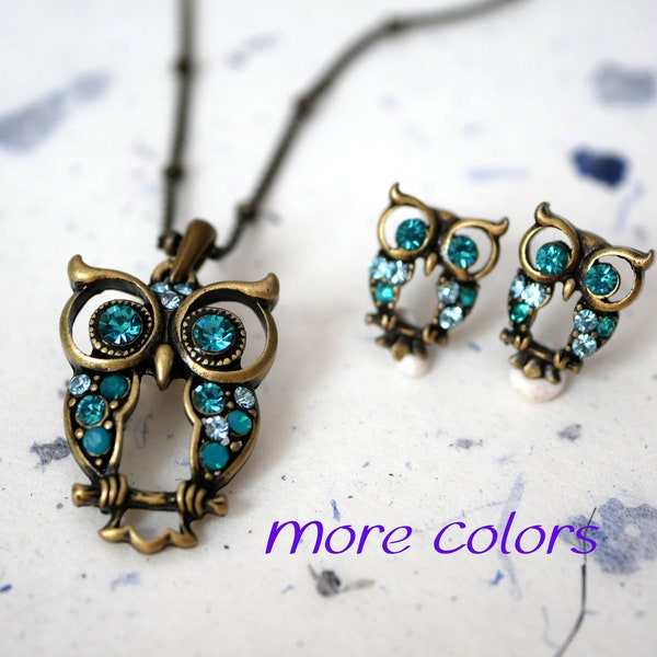 Crystal Owl Earrings & Necklace Set in Antique Brass, Gift for Teachers/Mom/Family/Friends, Birthstone Crystals, Aqua/Peridot/Amy Crystals