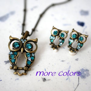 Crystal Owl Earrings & Necklace Set in Antique Brass, Gift for Teachers/Mom/Family/Friends, Birthstone Crystals, Aqua/Peridot/Amy Crystals