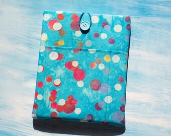Batik 100% Cotton Well Padded Book/Kindle/Tablet/iPad Sleeve with or w/o Pockets & Button Closure, Gift for Book Lovers, Turquoise Dots