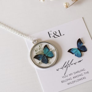 Sterling Silver Morpho Butterfly Replica Necklace | Blue Butterfly | Pressed Wildflower Necklace | Resin Necklace | Dried Wildflowers