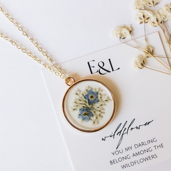 Forget-Me-Not and Queen Anne's Lace Pressed Wildflower Necklace | Resin Necklace | Dried Wildflowers | Mother's Day Gift | Real Flower