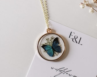 Morpho Butterfly Necklace | Blue Butterfly | Pressed Wildflower Necklace | Resin Necklace | Dried Wildflowers