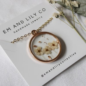 White Pressed Wildflower Necklace with Gold Flakes | Resin Necklace | Dried Wildflowers | Handmade | Pendant | Real Flower