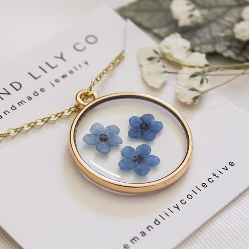 Pressed Flower Necklace Me Not Jewelry Mother's Etsy