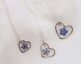 Silver Heart Forget-Me-Not Pressed Wildflower Necklace | Resin Necklace | Dried Wildflower | Gifts for Her | Real Flower Jewelry | Handmade