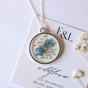 Silver Forget-Me-Not & Queen Anne&#39;s Lace Pressed Wildflower Necklace with Sterling Silver Chain | Resin Necklace | Handmade Christmas Gift