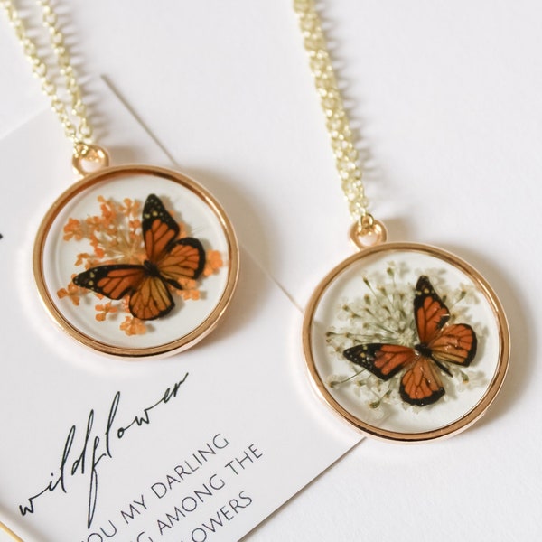 Monarch Butterfly Necklace | Save our Monarchs | Pressed Wildflower Necklace | Resin Necklace | Dried Wildflowers