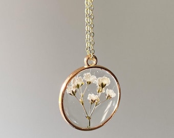 Baby's Breath Pressed Wildflower Necklace | Gypsophila Resin Necklace | Dried Wildflowers | Handmade | Vintage | Real Flower Christmas Gift