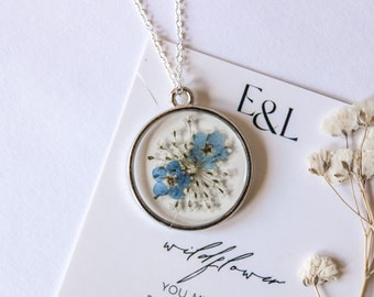Sterling Silver Forget-Me-Not and Queen Anne's Lace Pressed Wildflower Necklace | Resin Necklace | Dried Wildflowers | Christmas Gift