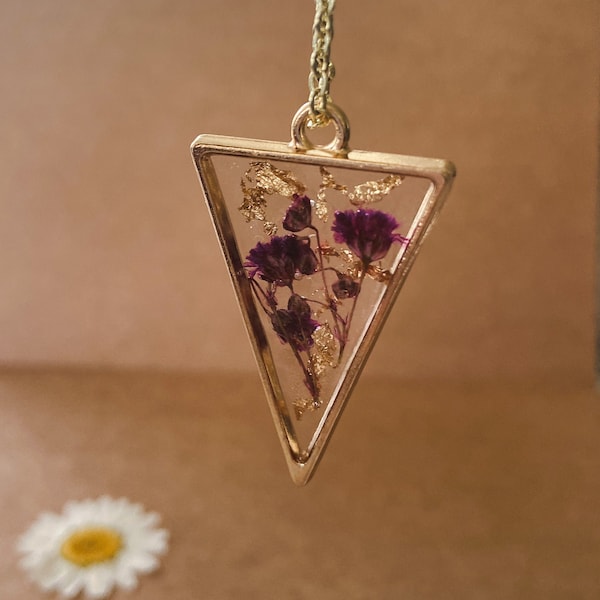 Gold Speckled Purple Baby's Breath Necklace | Resin Pendant Jewelry | Gold Flakes | Triangle Necklace | Real Wildflower Necklace