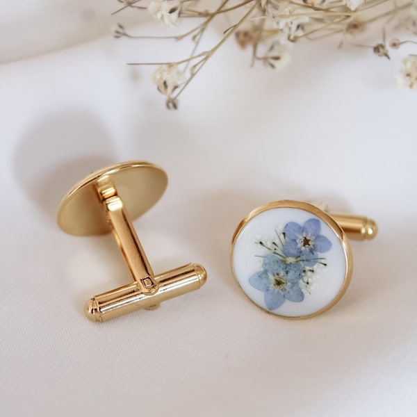 Floral Cufflinks in Gold, Forget Me Not Wildflower Cufflinks, Pressed Flower Cuff Link | Father of the Bride Gift | Groom Gift