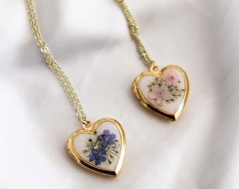 Forget-Me-Not Wildflower Photo Locket Necklace | Resin Pressed Flower Locket | Heart Locket | Handmade | Dried Floral Jewelry