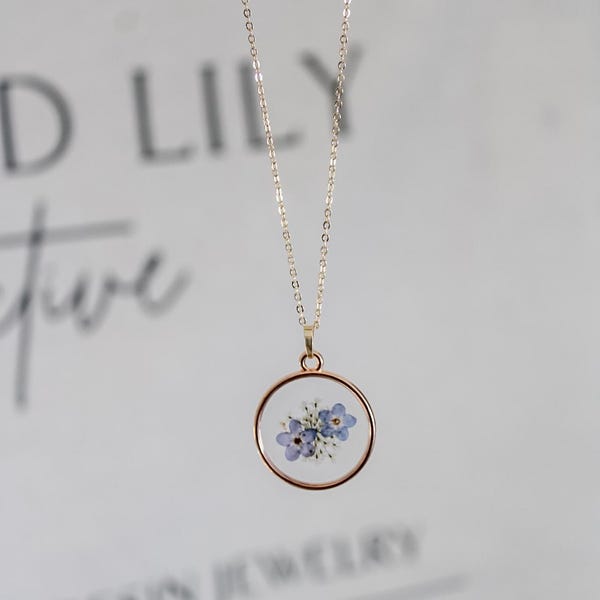 Forget Me Not Necklace, Real Flower Necklace, Pressed Flower Jewelry, Botanical Resin Pendant, Memorial Gift