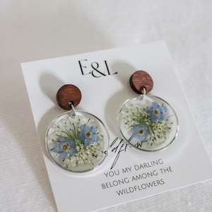 Pressed Queen Anne&#39;s Lace and Forget Me Not Flower Earring Dangles | Wooden Stud Earrings | Handmade Resin Earrings | Handmade Gift for Her