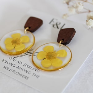 Pressed Yellow Flower Earring Dangles | Flower Earrings | Wooden Stud Earrings | Handmade Resin Earrings | Gifts for Her | Handmade Gift