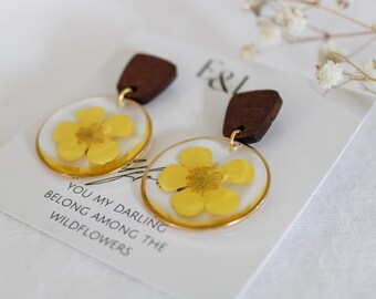 Pressed Yellow Flower Earring Dangles Flower Earrings Wooden