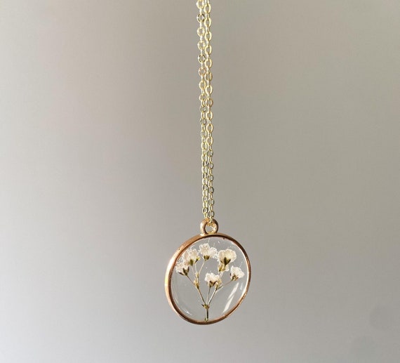 Baby s Breath Pressed Wildflower Necklace Gypsophila Resin