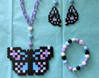 Pastel Monarch Butterfly Wings, Perler Bead Butterfly Necklace, Butterfly Earrings, Pastel Kawaii Perler Jewelry, Decora Kei, Yumekawaii