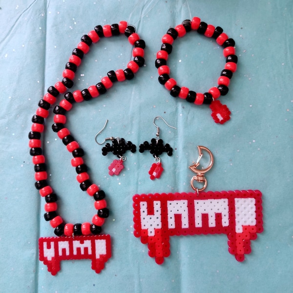 Red and Black Gothic Vampire Necklace, Alt Goth Beaded Bracelet, Red Halloween Jewelry, Bloody Vampire Fangs Kandi, Vamp Blood Rave Perler