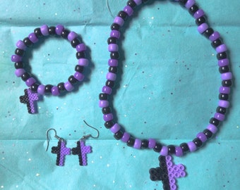 Pastel Goth Purple Black Bracelet, Cross Perler Earrings, Pony Bead Jewelry, Goth Fairy Kei, Rave Grunge Jewelry, Creepy Cute, Goth Harajuku