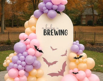 A Baby is Brewing – Pastel Halloween Balloon Garland Kit with Paper Bats, Baby Shower Backdrop, Fall Gender Reveal Decor, A Little Boo