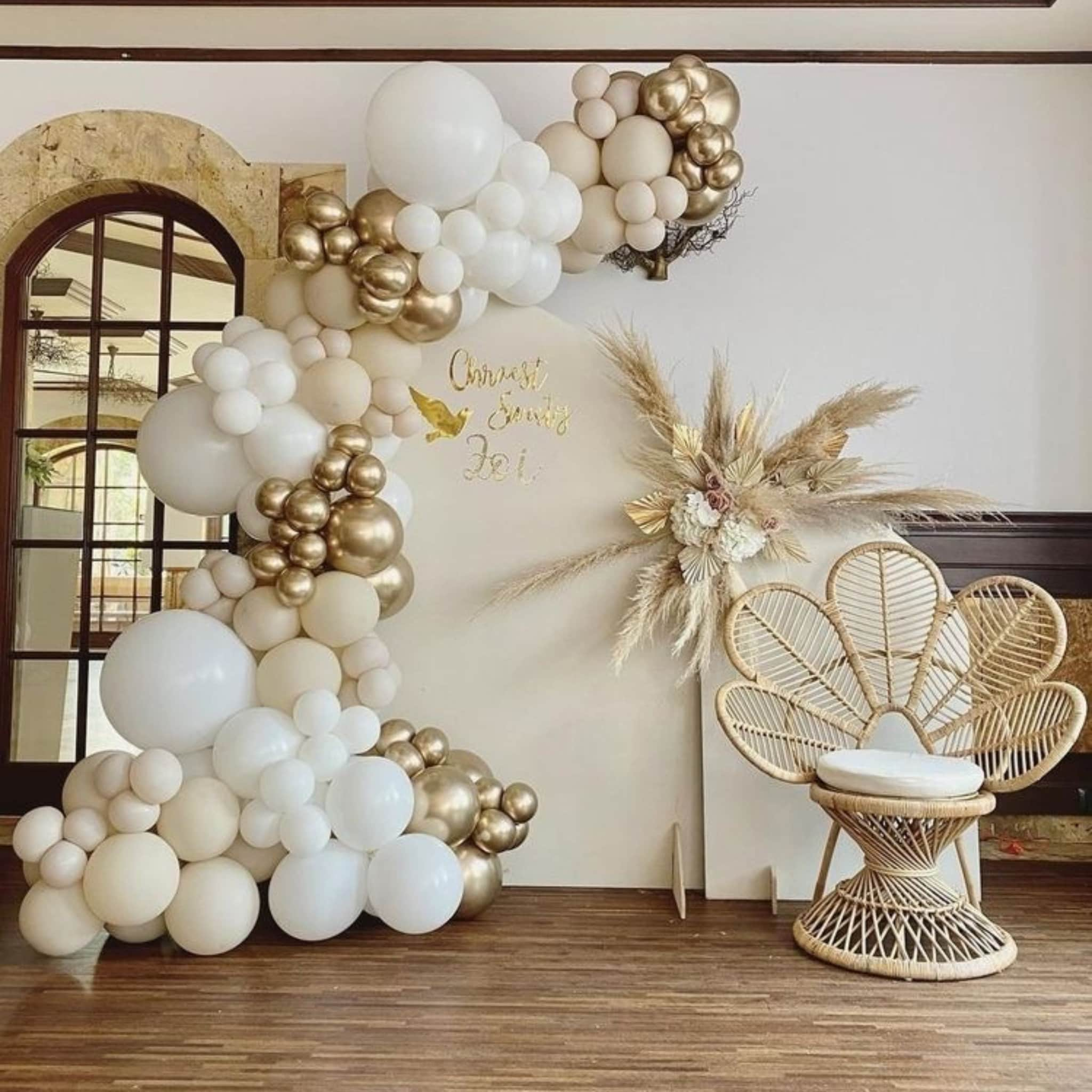 Elegant White Sand, White and Gold Balloon Garland Milestone