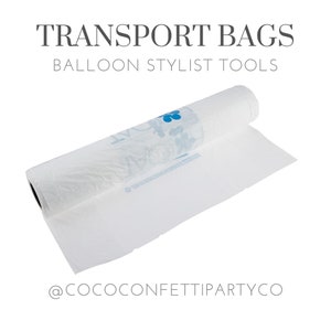 May include: White plastic transport bag for balloon styling tools. The bag is rolled up and has a blue flower design printed on it. The text "@cococonfettipartyco" is printed on the bottom of the image.