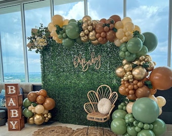 Woodland Baby Shower Balloon Garland Kit – Neutral DIY Balloon Arch in Green, Brown & Gold, Rustic Balloon Backdrop for Baby Shower Party