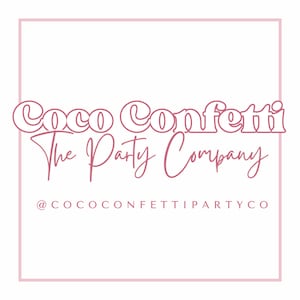 Peut inclure: Logo rose avec le texte "Coco Confetti The Party Company" et le nom de profil sur les r&eacute;seaux sociaux "@COCOCONFETTIPARTYCO".
