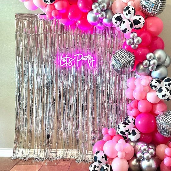Silver Fringe Backdrop and 'let's Party' Neon Sign Lets Go Girls